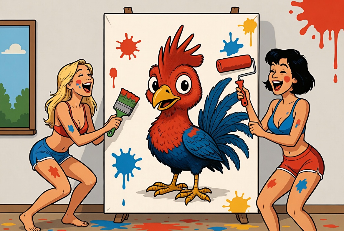 Playful cartoon style two girls painting a giant colorful rooster on canvas