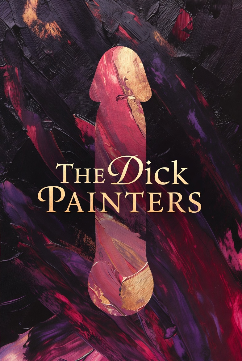Elegant abstract phallus painting in rich reds and purples with gold accents