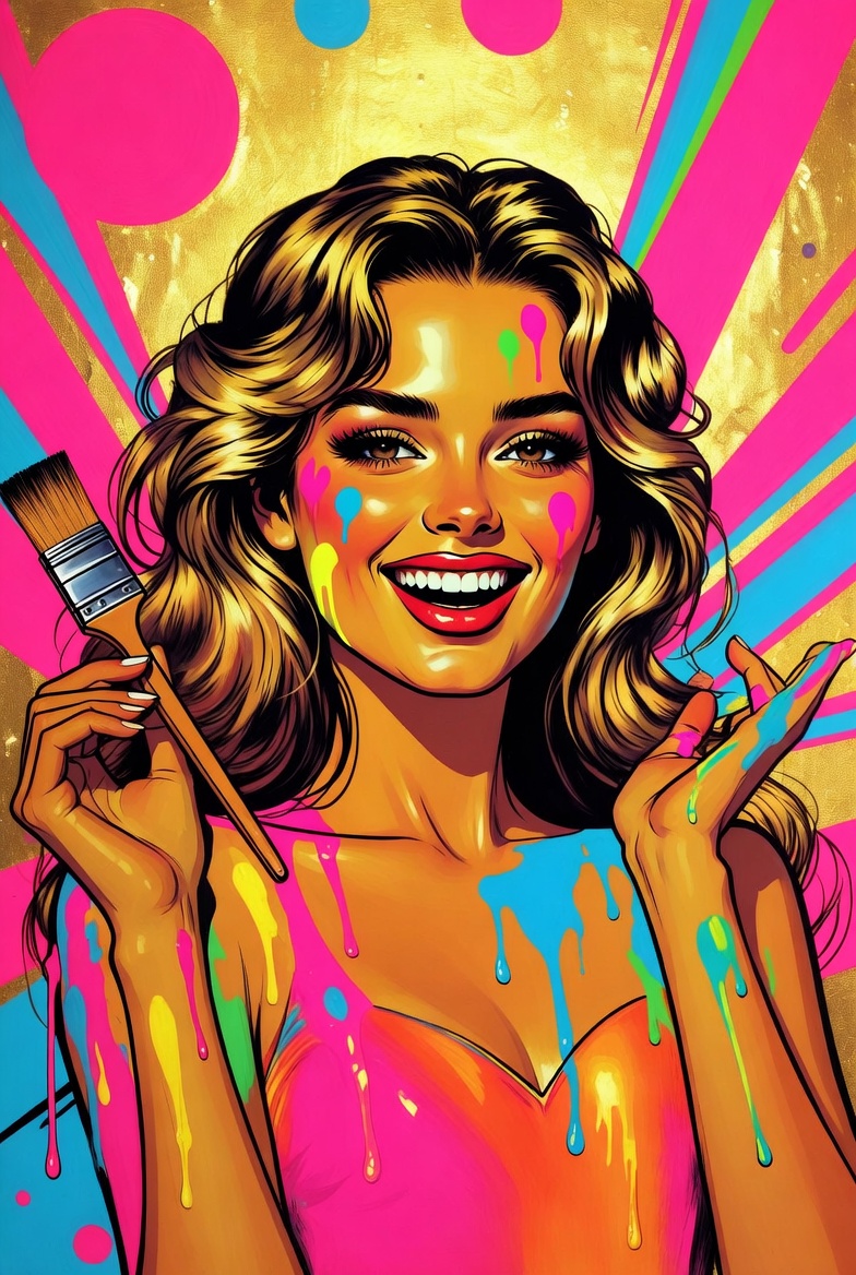 Brianna - The Bold One in fun cartoon pop art style, paint splattered and smiling big